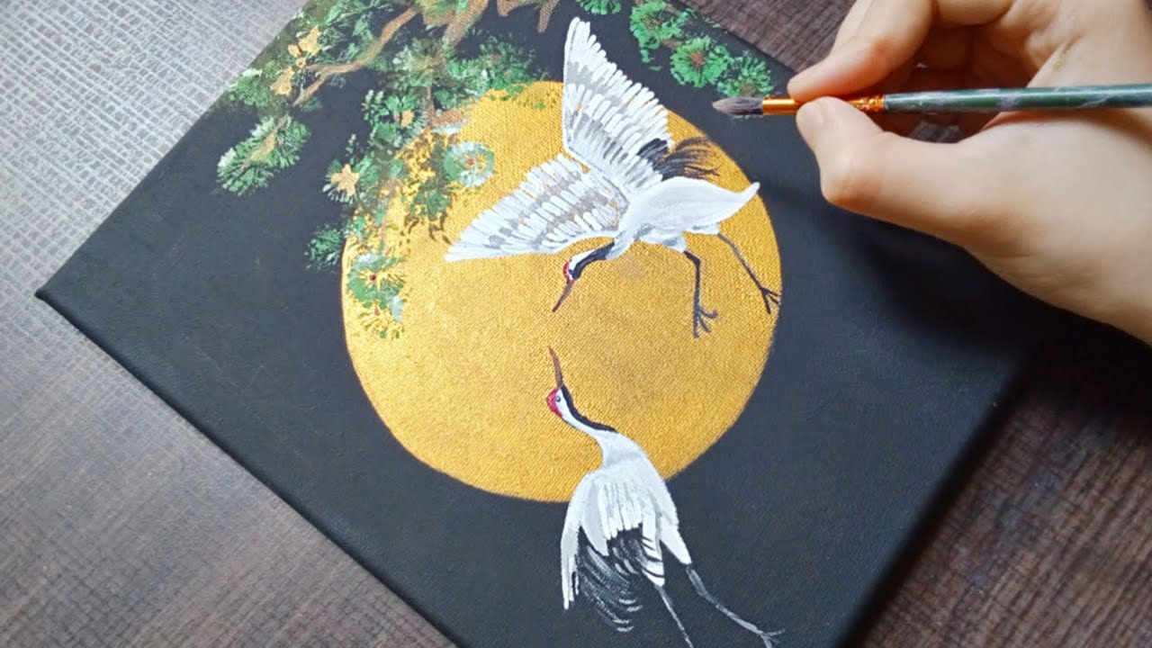 Cranes And The Pine Tree / Acrylic Painting On Black Canvas / Painting Techniques