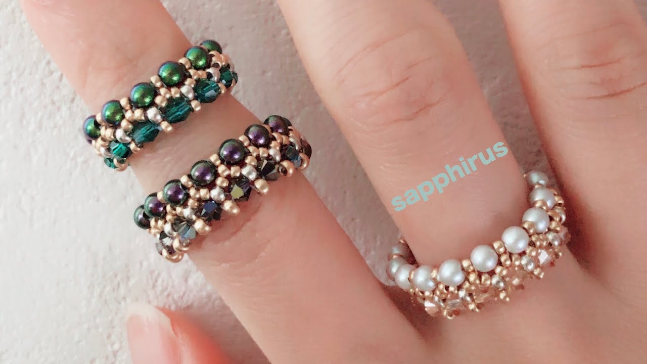 【簡単レシピ】3mmパールとスワロフスキーのビーズリング✨作り方　ビーズステッチ How to make a pearl ring with Swarovski. Easy tutorial.