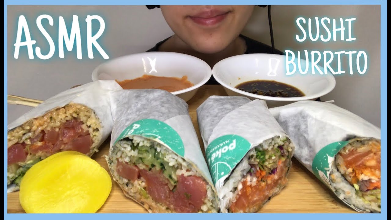 ASMR Sushi Burrito ( Tuna w Veggies & Salmon w Veggies ) No Talking Eating Sounds || NOCHU EATS