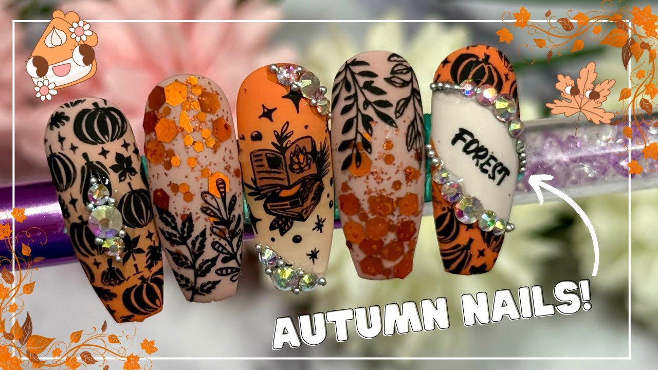 AUTUMN MAPLE LEAF PUMPKIN NAIL ART TUTORIAL| ORANGE FOREST NAILS| PUMPKIN STAMPING NAIL ART