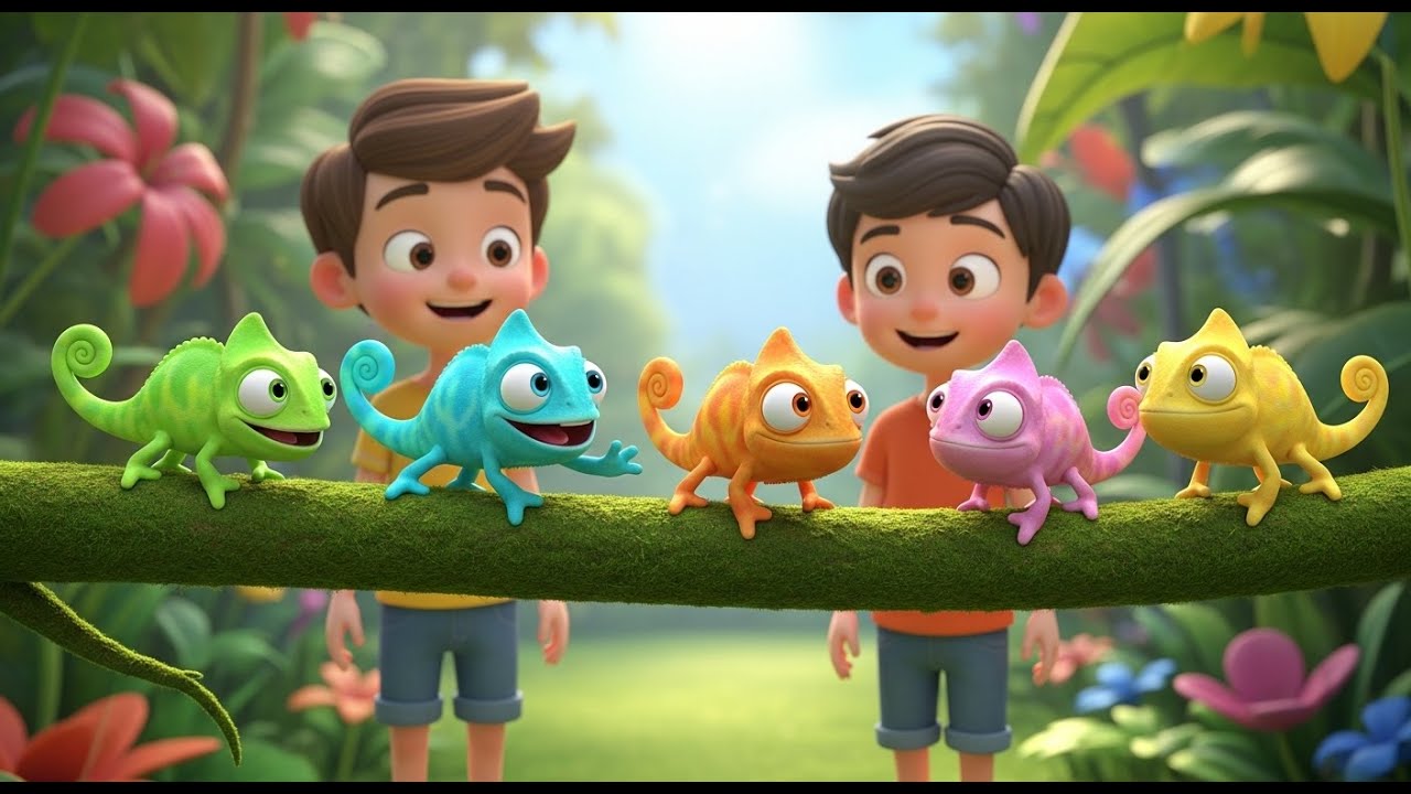 Cinco Pequenos Camaleões Bebés Rastejam | Música de Cores e Animais para Crianças