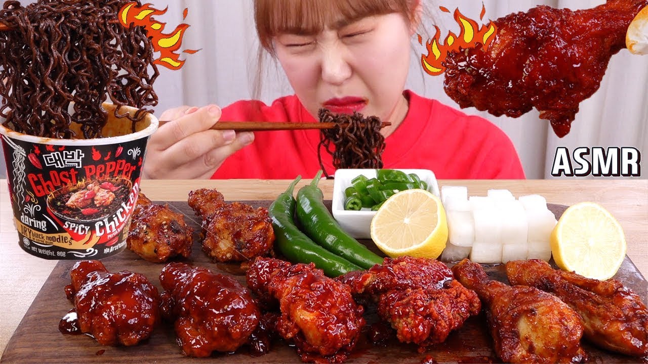 ASMR Mukbang｜쇼킹핫, 뱀파이어 치킨, 마라 볼케이노, 맵스터 등 매운 치킨들과 고스트페퍼 누들 먹방