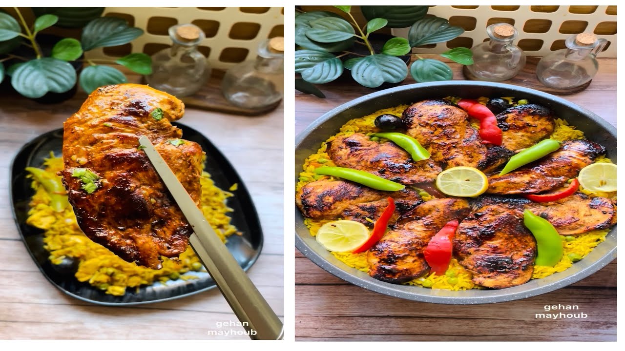 صدور مشويه متبله مع الخضار والارز في صينيه واحده وحلوه حلاوه👌 #طبخ  #food  #صدور_الدجاج المشويه 
