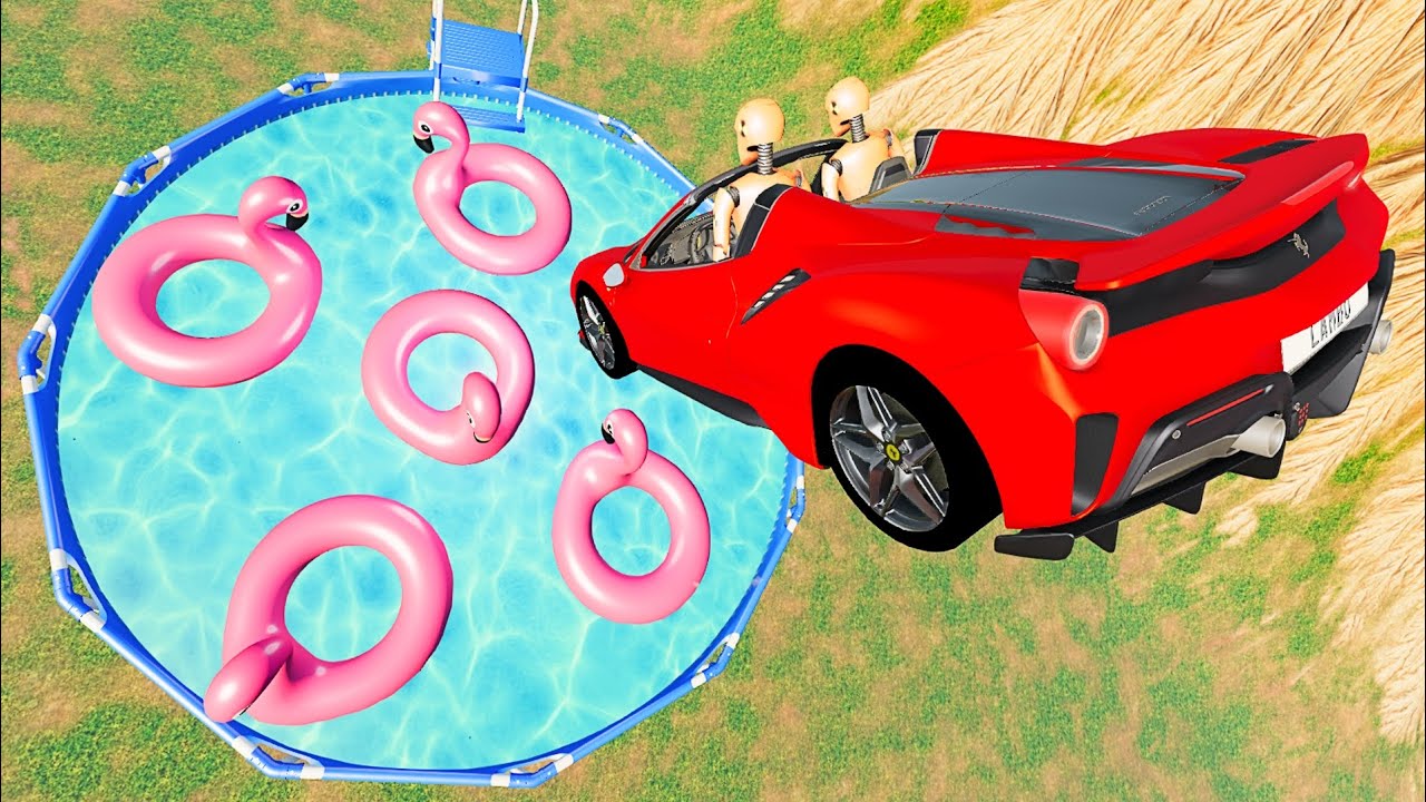 Vehicles Diving into Swimming Pool with Flamingos - BeamNG.drive