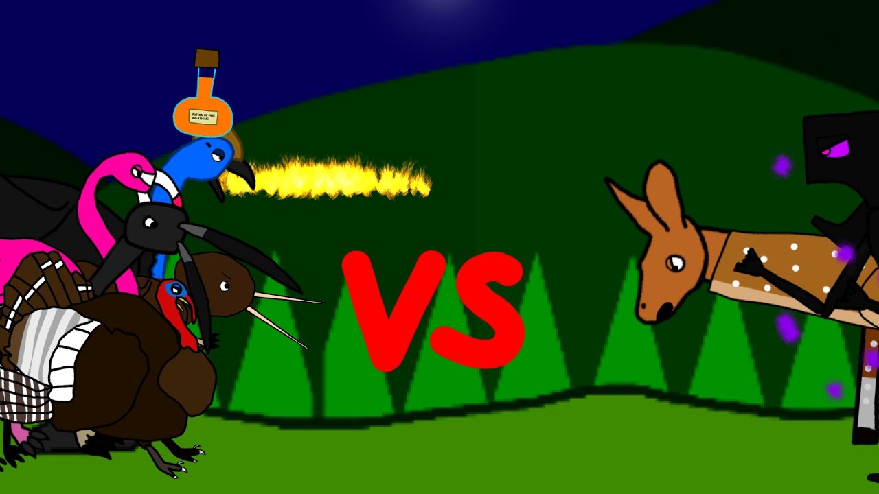 Cassowary with fire potion, Flamingo, Turkey, Kiwi and Jaribu stork vs Fallow kangaroo and Enderman 