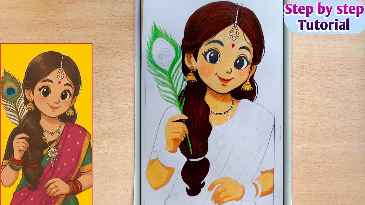How to Draw Radharani | Radha ji Drawing, Step by step, Face Colouring tutorial 🧡