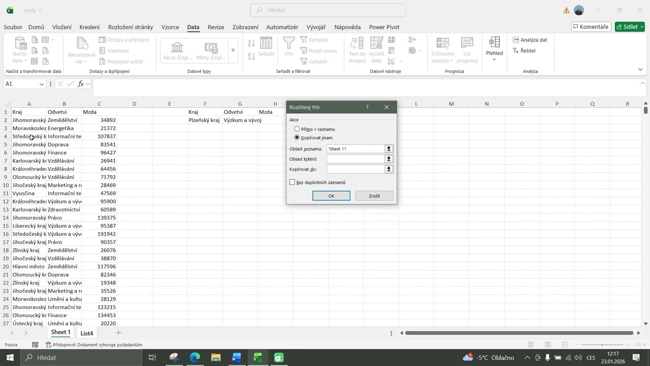 Excel Kopírování vyfiltrovaných dat do nového listu