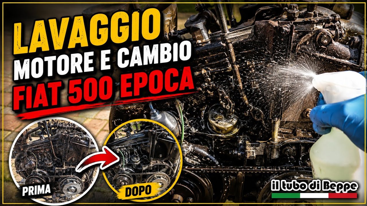 Lavaggio esterno del motore, del cambio e dei carter di protezione inferiori della Fiat 500 f
