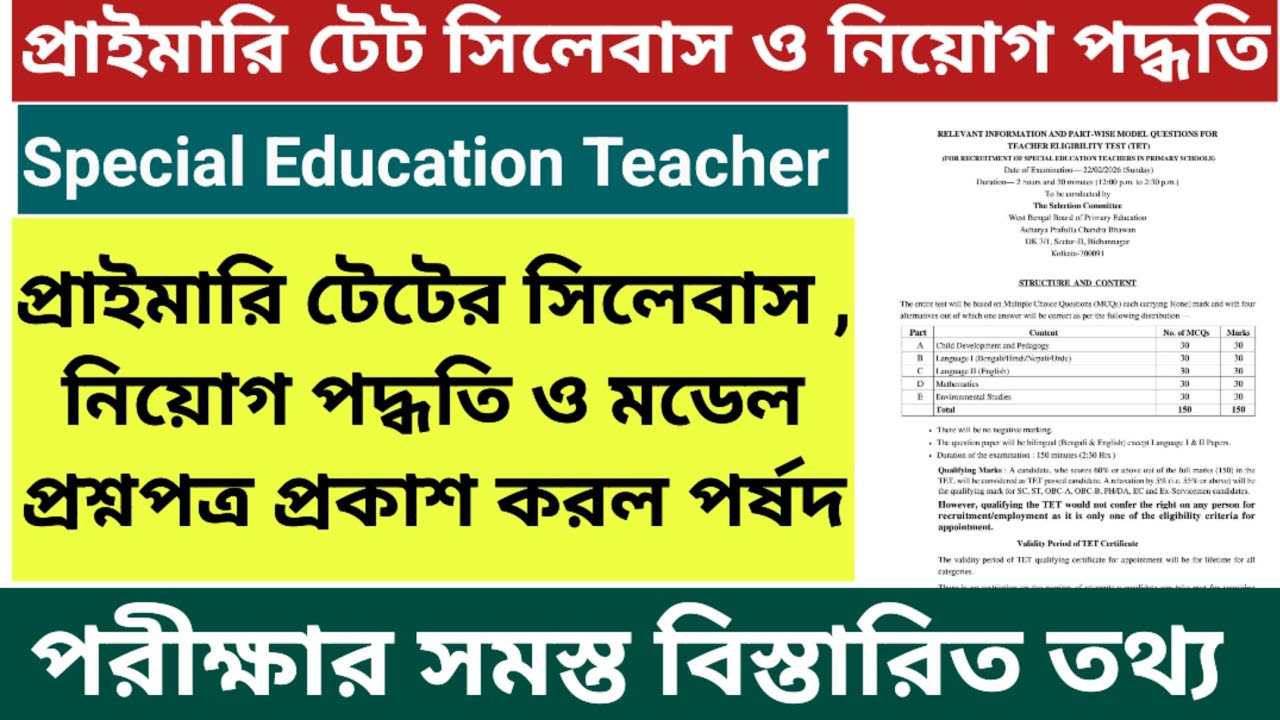 🛑Primary TET Syllabus, Exam Pattern, Model Question Set for Special Education Teacher Recruitment 