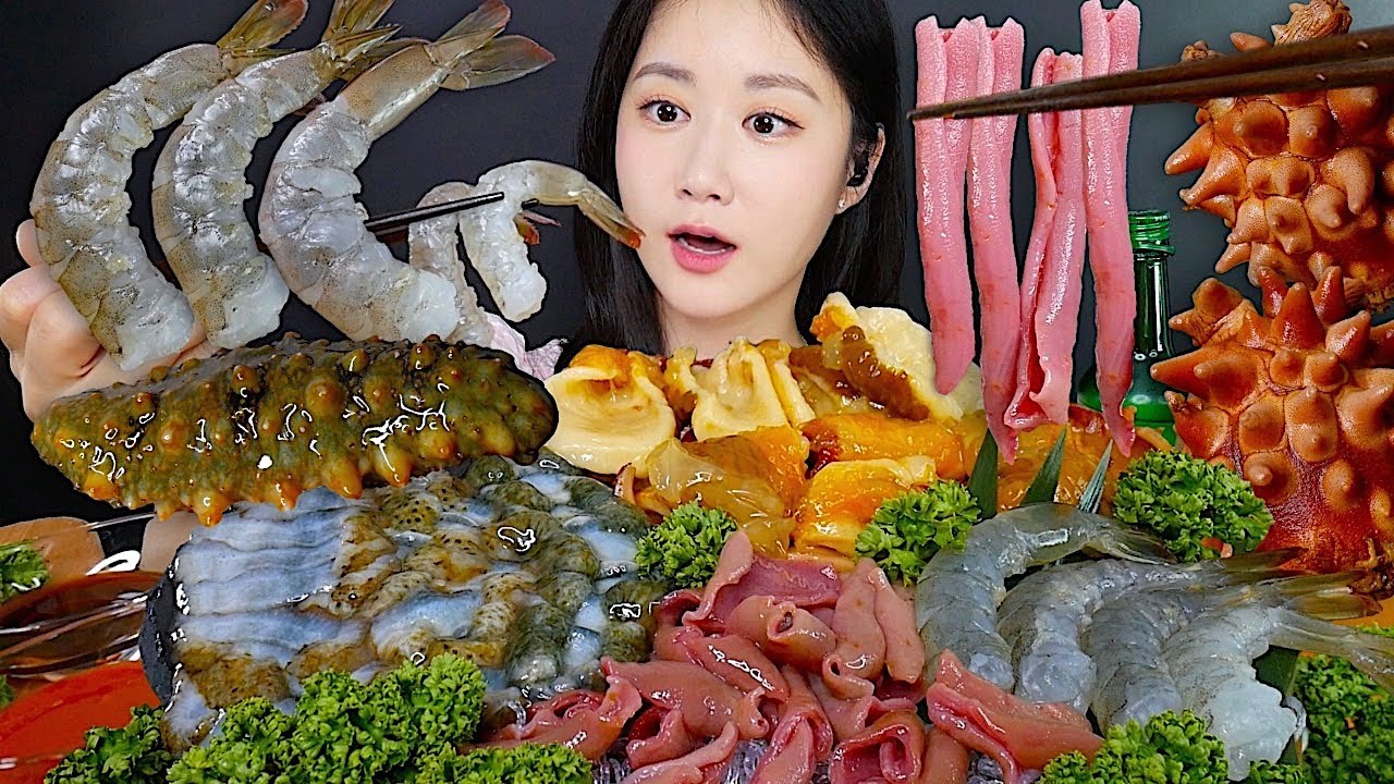 Сырые Морепродукты💙 Морской Огурец, Морской Ананас, Сырые Креветки | eating show | mukbang asmr