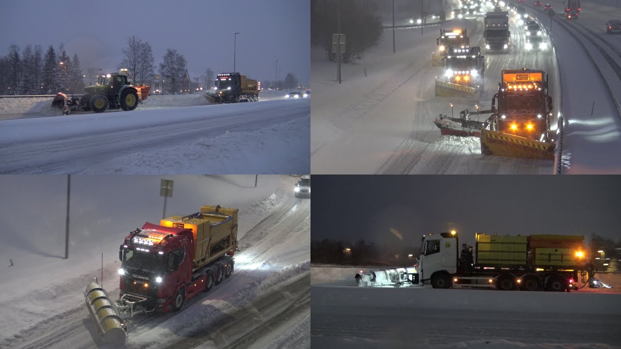 4K| John Deere, 2 Volvo & 4 Scania Snow Plow Trucks In Snow Clearing