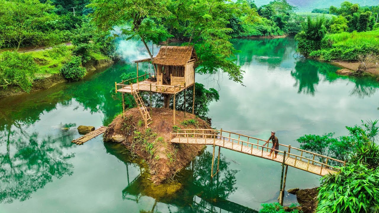 Build A Bamboo Tree House With A Grass Roof And A Swimming Pool On A Long River