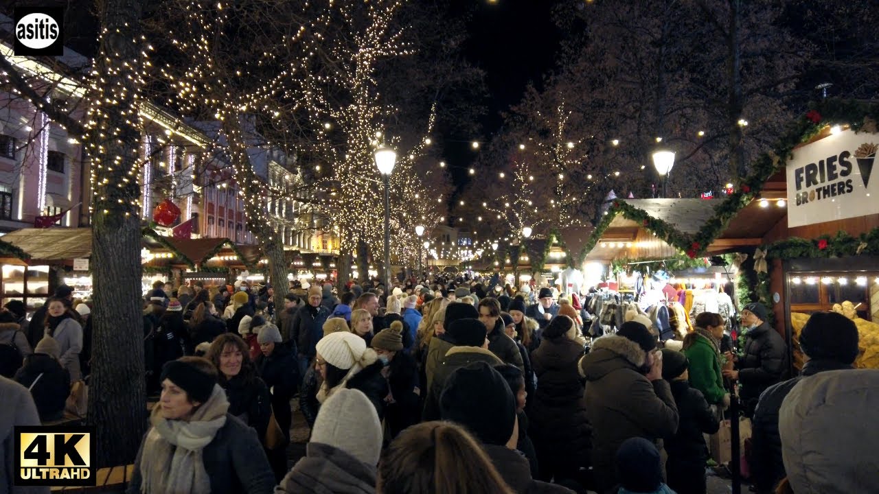 Oslo Norway Christmas Lights 2021 - Busy Saturday Night Walk in Karl Johans Gate & Jul i Vinterland