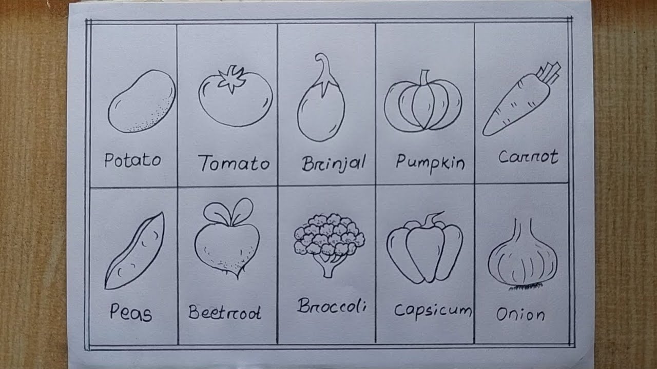 Different types of Vegetables drawing easy| How to draw 10 different types Vegetables|Pencil drawing