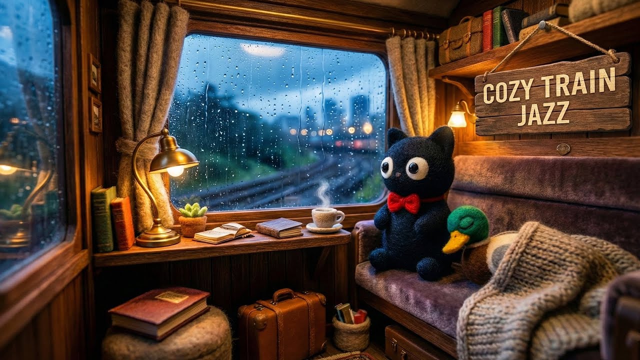 Cozy Train Jazz 🚂 Rain on Window & Rhythmic Track Sounds [Sleep/Study]