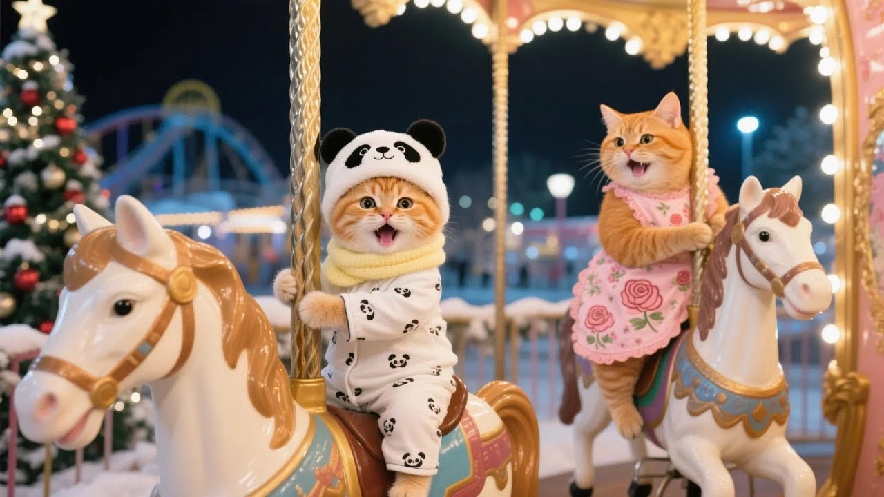 Ginger Kitten Enjoys Christmas Night at the Amusement Park with Mama Cat 🎄🐾✨ | Funny Cat Videos