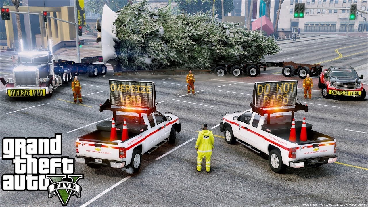GTA 5 Mod DOT Message Board Truck Escorting A 100 Foot Christmas Tree On A Lowboy Trailer