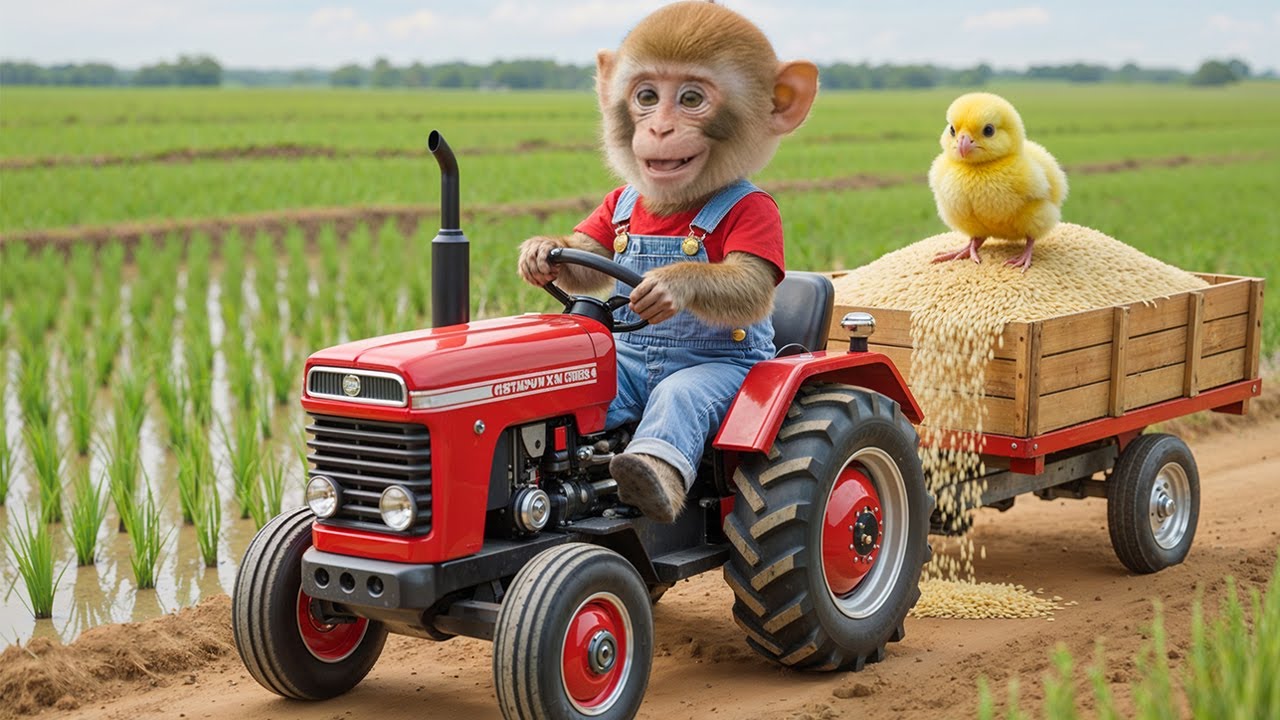 🐒🚜 Урожай риса обезьянки Нана становится интересным! Его упорный труд приводит к большой победе! 🌾