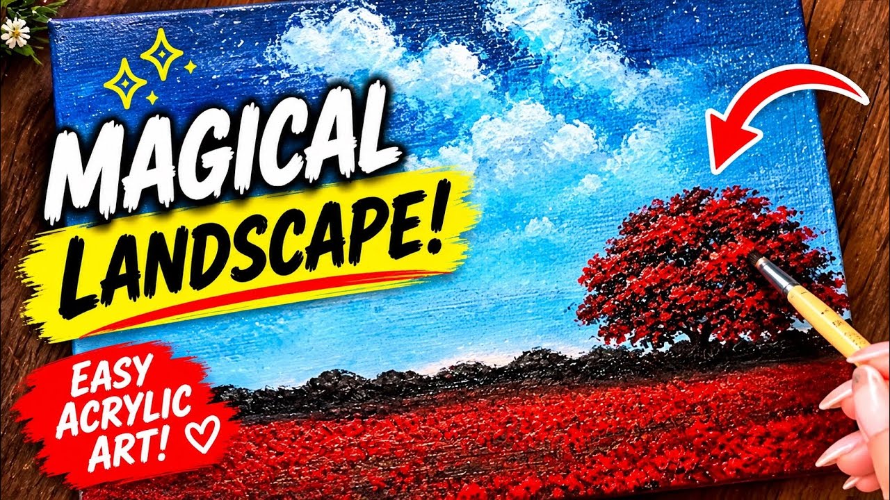 👉 I Turned a Blank Canvas into a Dreamy Red Night Landscape…#acrylicpainting 