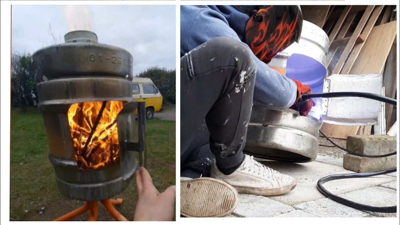 Building a wood burning stove from an old beer keg, time lapse.