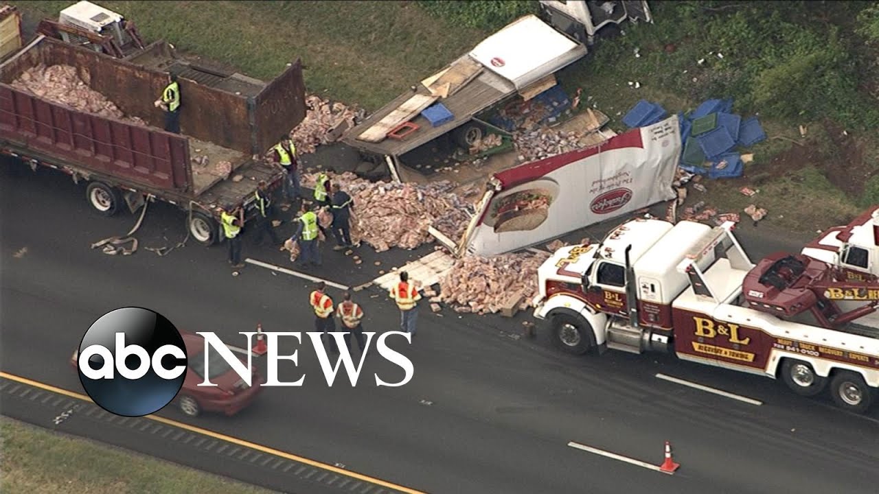 Bread Truck Gets Sandwiched Between Meat Truck & Tree