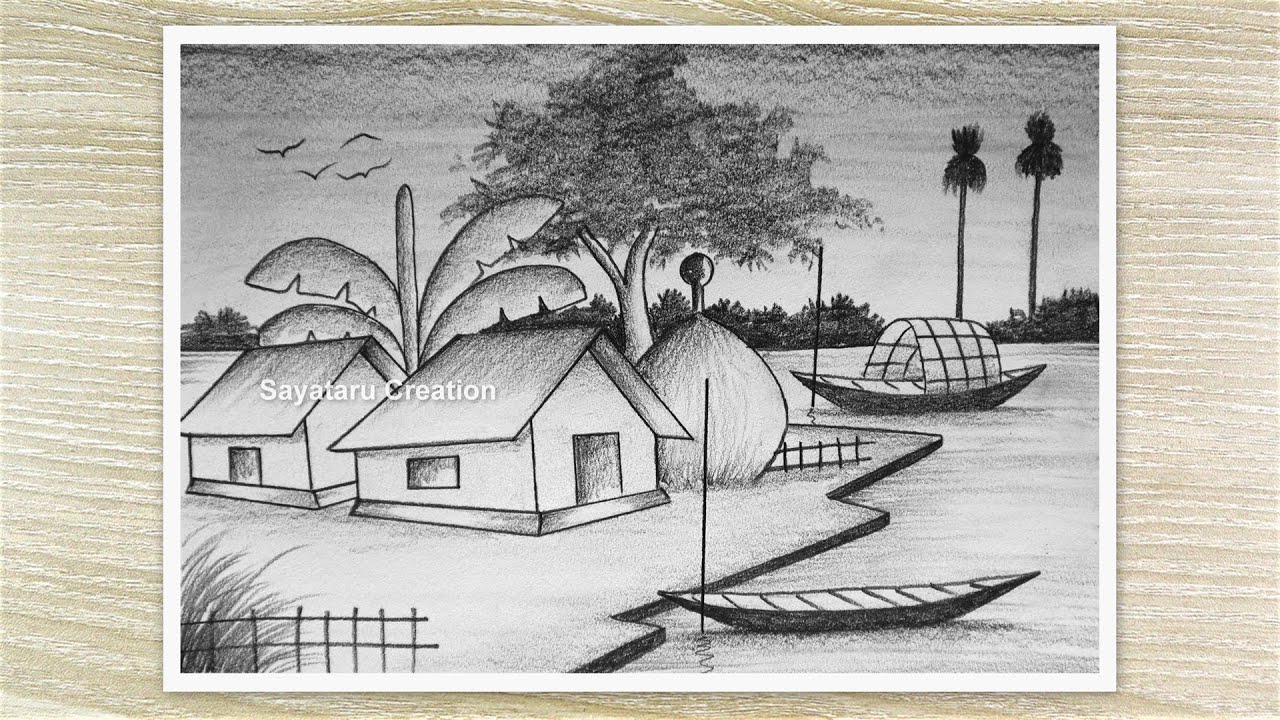 Beautiful Riverside Village Drawing with pencil, Easy Scenery Drawing for Beginners