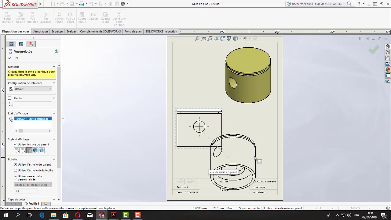 SolidWorks Tutorial : Tuto1.3 Piston_Mise en plan