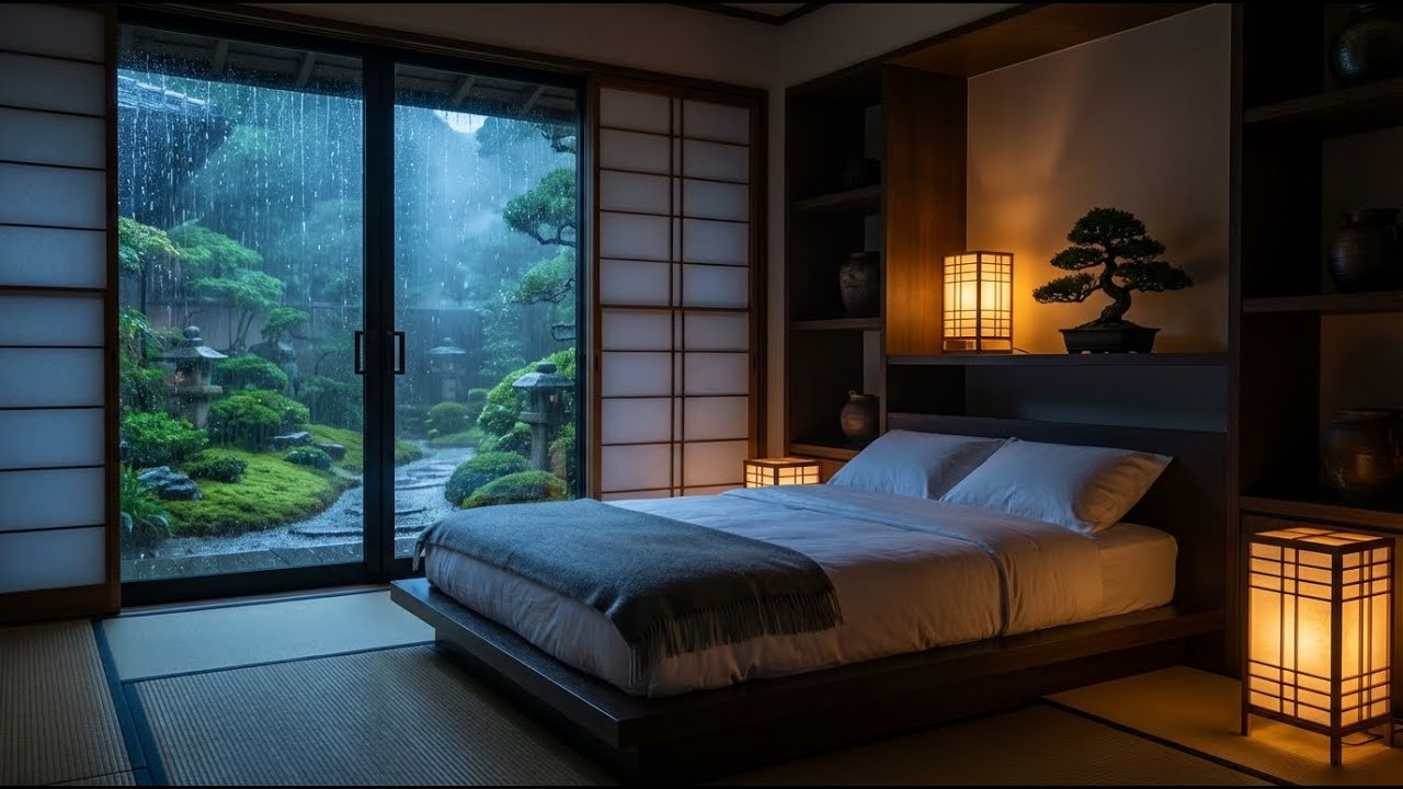 Sacred Quiet Rain & Felt Piano in Japanese Bedroom with Bonsai for Stress Relief Fast 🌿