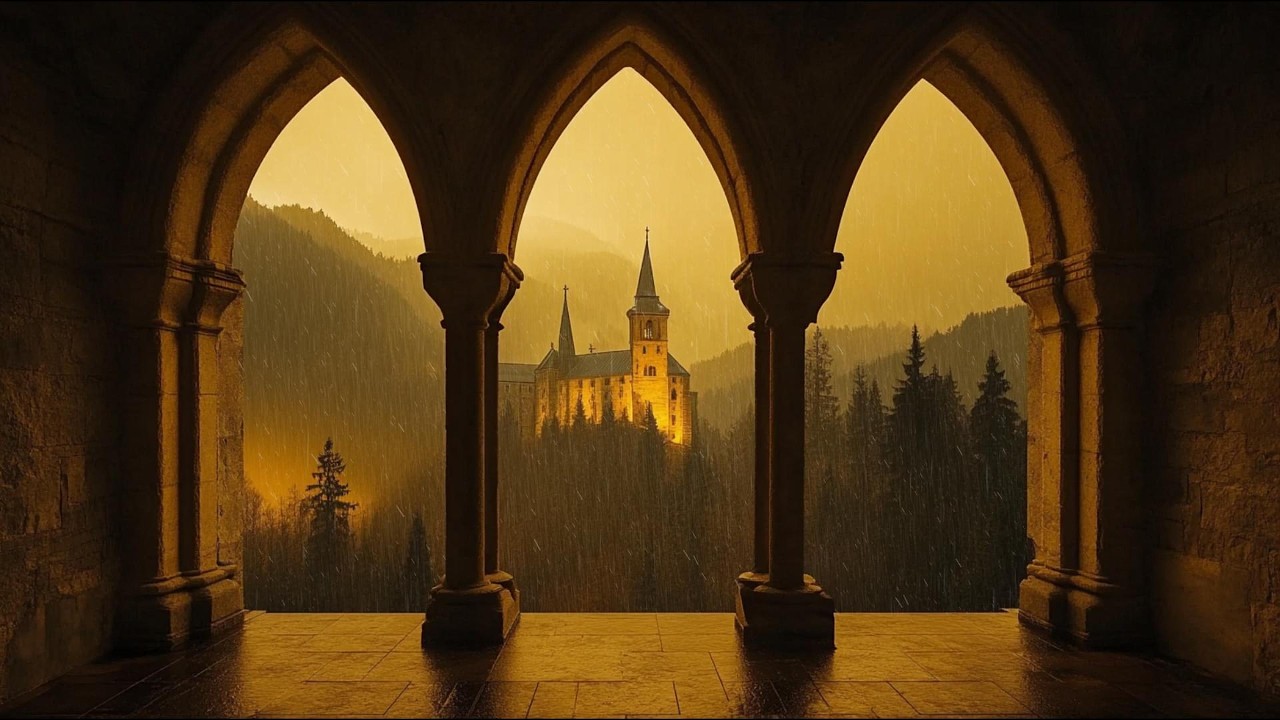 Medieval Castle Window 4K: Rainy View with Cozy Thunderstorm Sounds & Reading Ambience