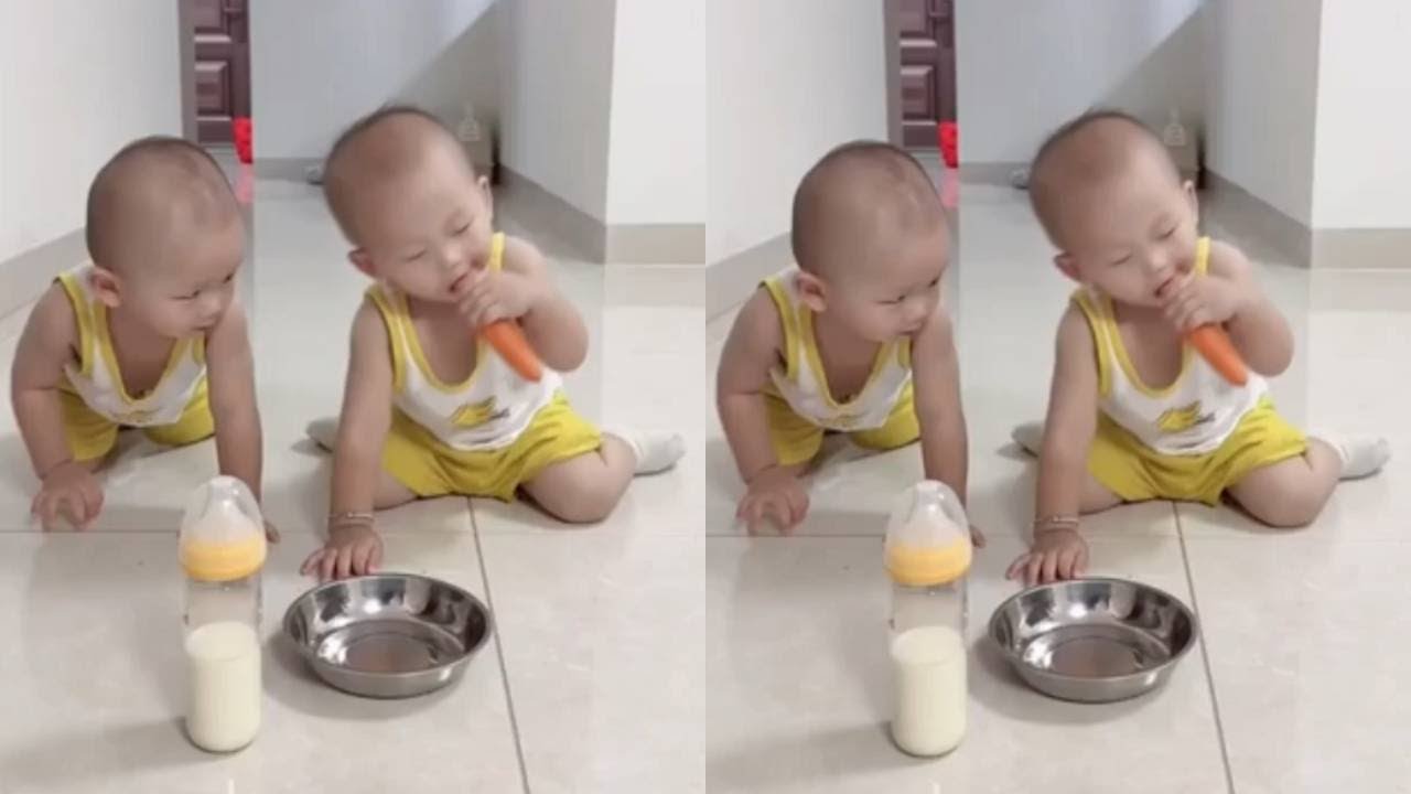 The Twins Grab A Carrot And Won't Even Drink Their Formula!