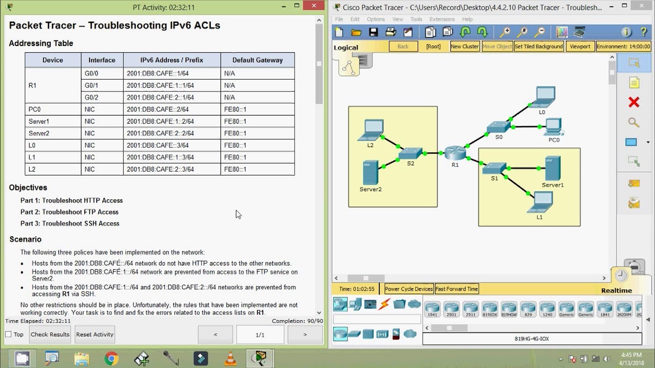 4.4.2.10 Packet Tracer - Troubleshooting IPv6 ACLs