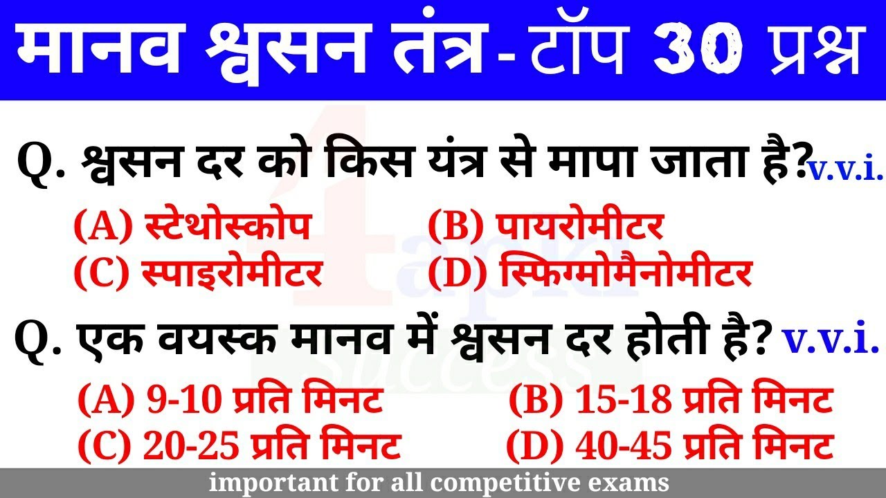 मानव श्वसन तंत्र टॉप 30 प्रश्न | Biology Important Question-Answer | for All Competitive Exams