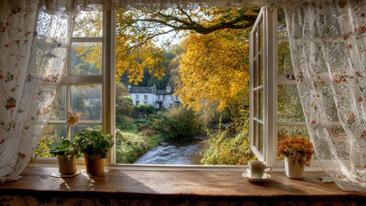 **Cozy Autumn Window 🍁 Stream Flow & Birdsong in Countryside | Focus, Relax & Calm Your Mind 🌿**