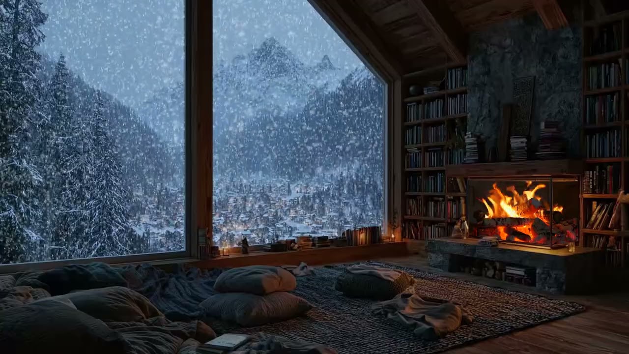 Peaceful Winter Cabin Ambience | Gentle Fireplace Crackles & Snowfall Sounds for Sleep