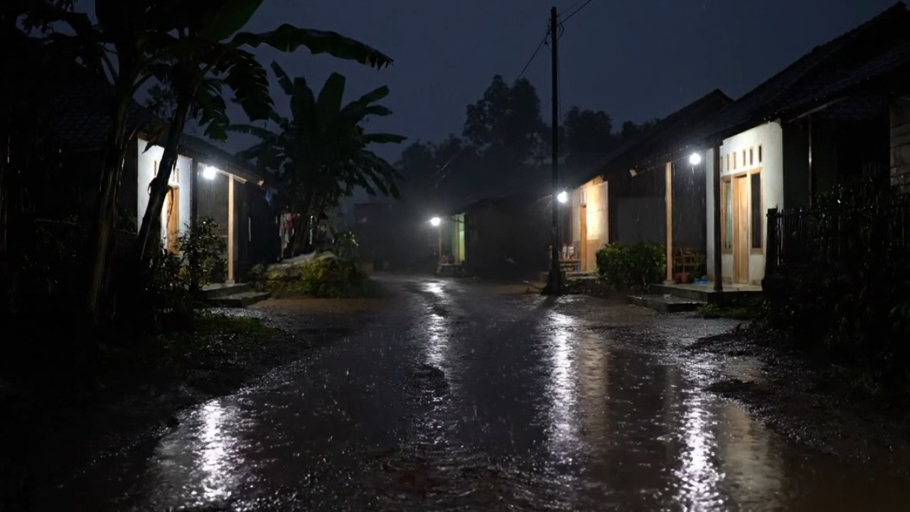 Rain in a Quiet Rural Village at Night | Nature Sleep Ambience