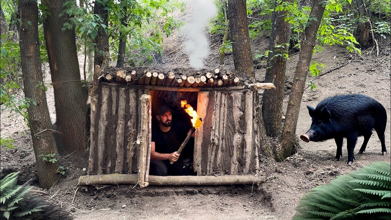 Building a primitive survival shelter escaping from a wild boar