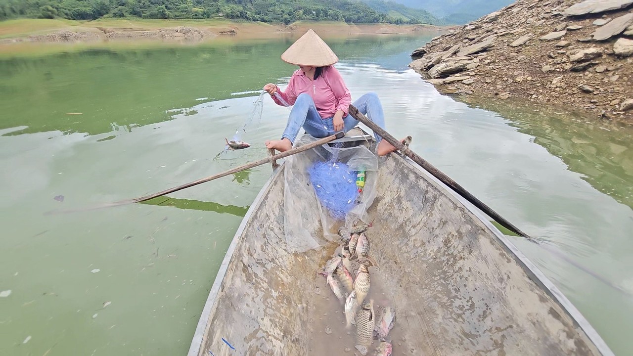 After a bountiful day, the girl caught many large fish in the lake.