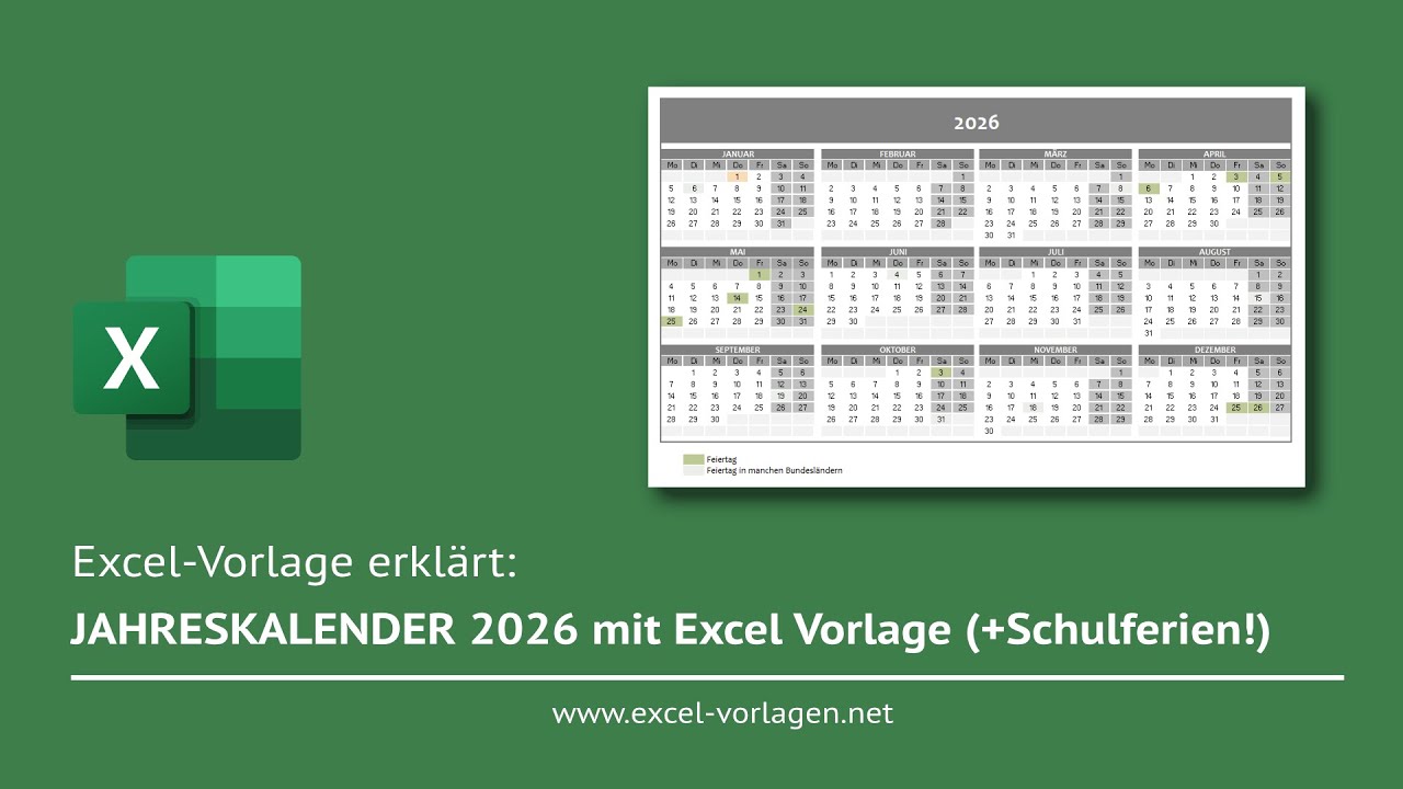Kostenlose Excel-Vorlage: Jahreskalender 2026 mit Feiertagen & Ferien – Inklusive PDF-Version! 📅