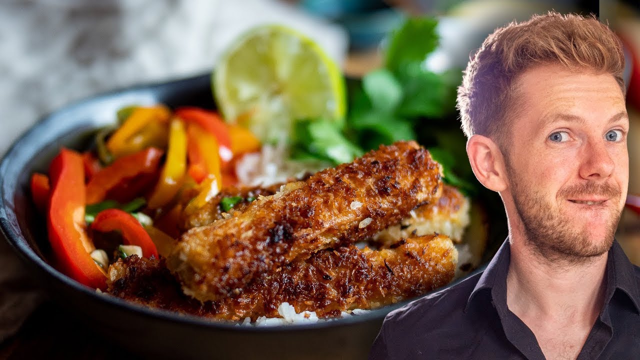 Knusprige Kokos-Sticks mit schnellem Wok-Gemüse
