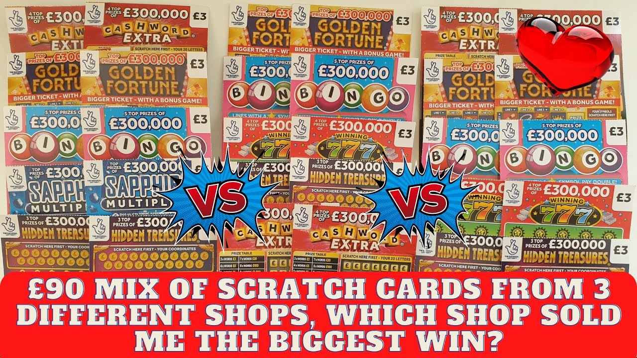£90 of scratch cards for Rachael. A mix of £3 scratch cards, £30 of cards, from 3 different shops.