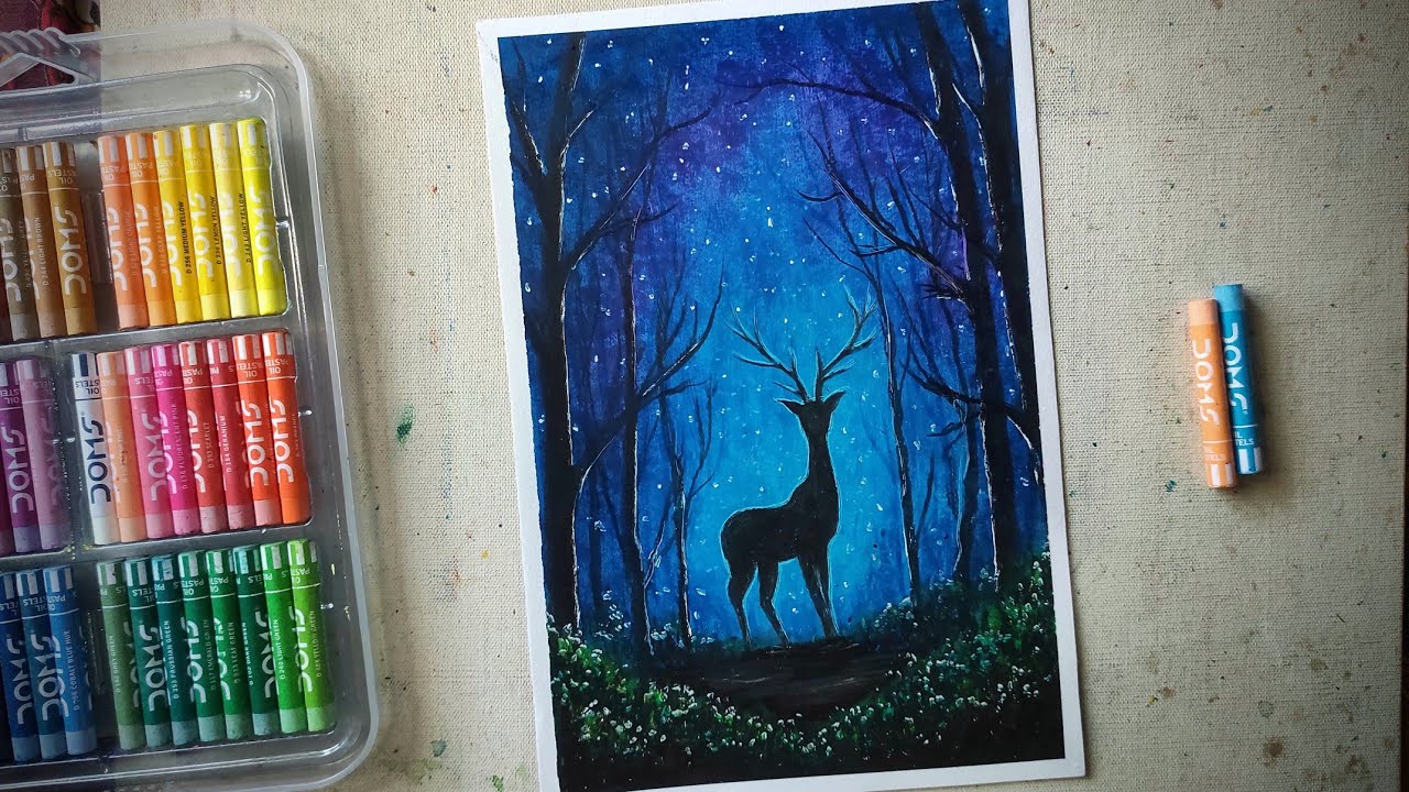 Beautiful Night Forest Painting || Step By Step || Oil Pastel Painting