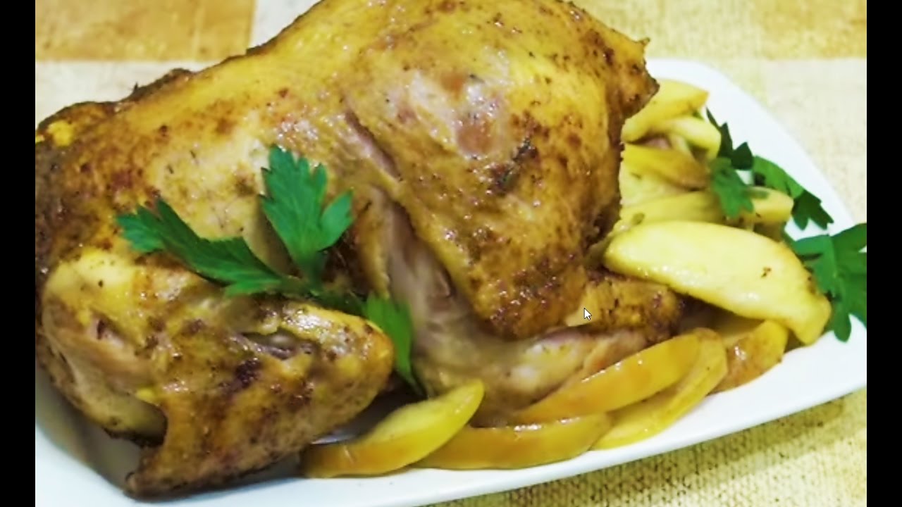 Домашние видео-рецепты - запечанная курица с яблоками в мультиварке