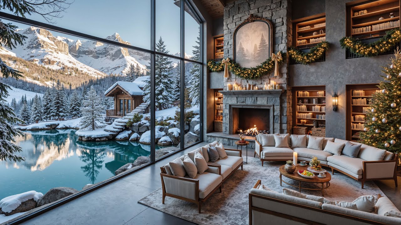 🔥 Cozy Snowy Lodge Ambience | Crystal Lake Reflections & Smooth Winter Jazz for Reading & Deep Focus