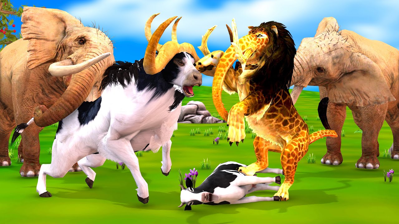 Giant Bulls vs Monster Lion Mammoth Attacks Cow Cartoon Buffaloes Saved by Bulls Mammoth Elephant