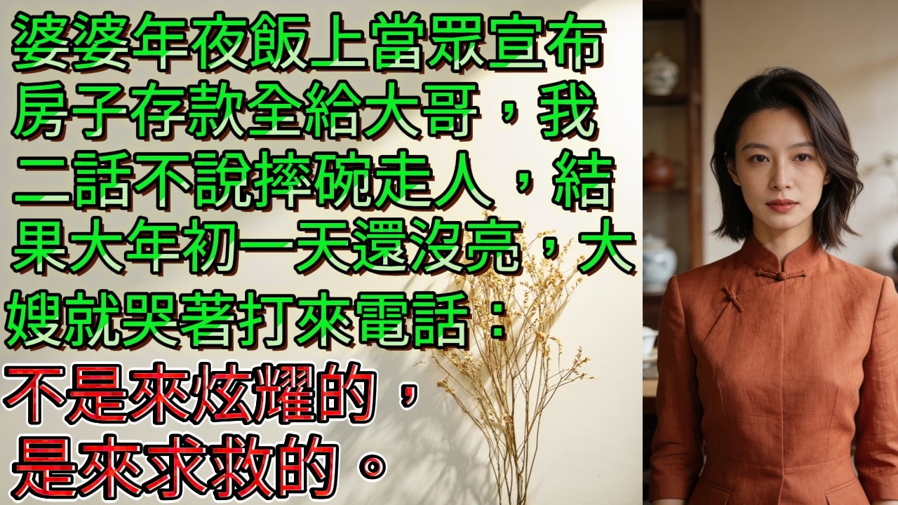 婆婆年夜飯當眾把房子存款全給大哥，我摔碗帶女兒走進大雪裡，結果大年初一大嫂跪著求收留#婆媳關係 #偏心父母 #年夜飯 #家庭故事 #媳婦反擊 #重男輕女 #情感故事
