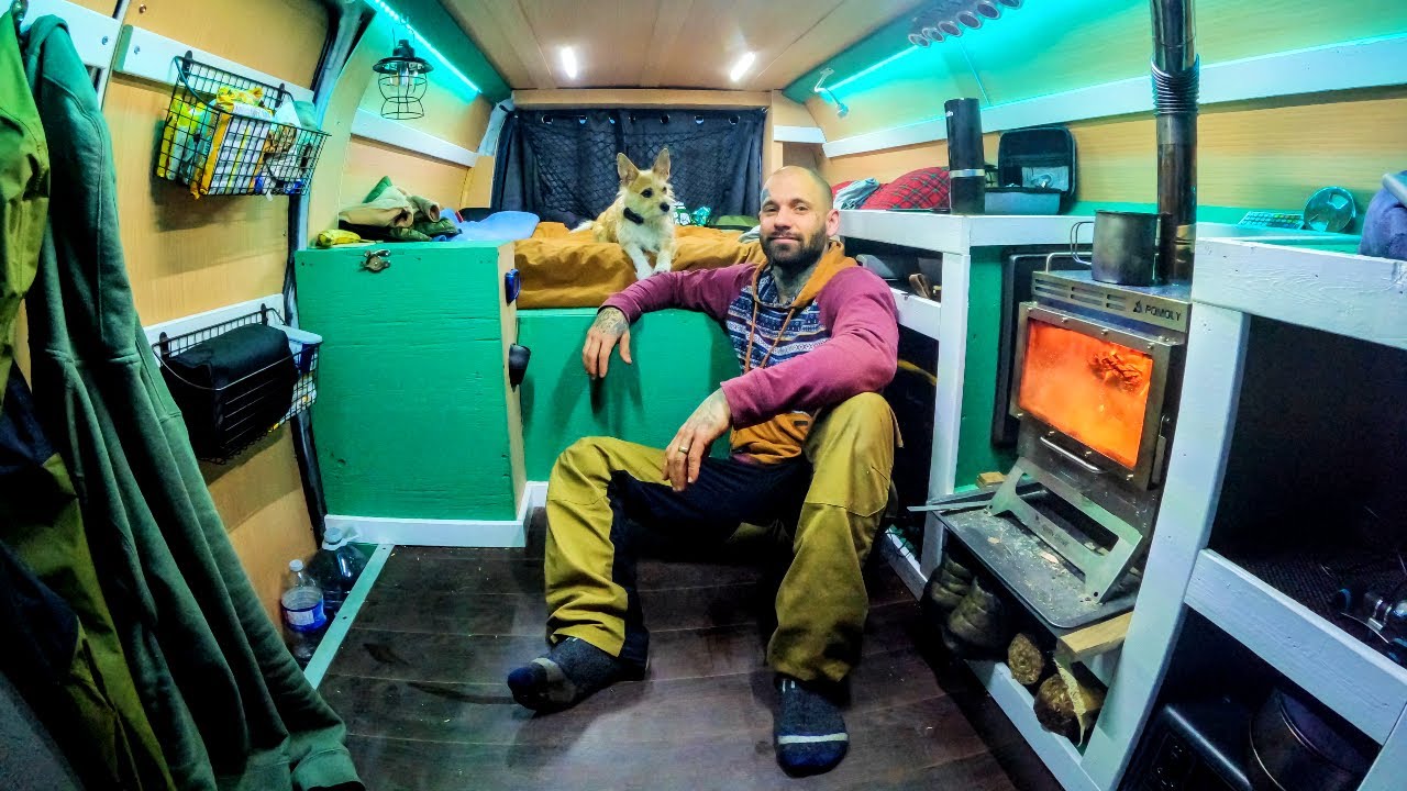 Camping In Rain With Camper Van And Wood Stove