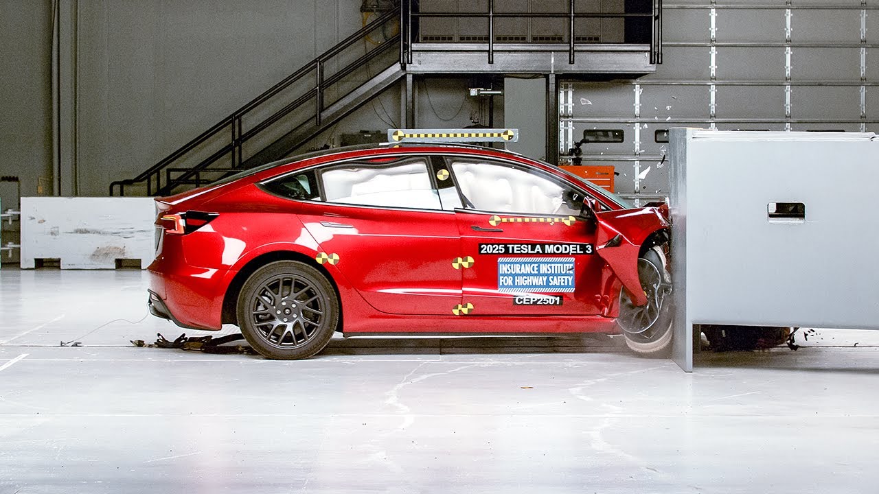 2025 Tesla Model 3 passenger-side small overlap IIHS crash test