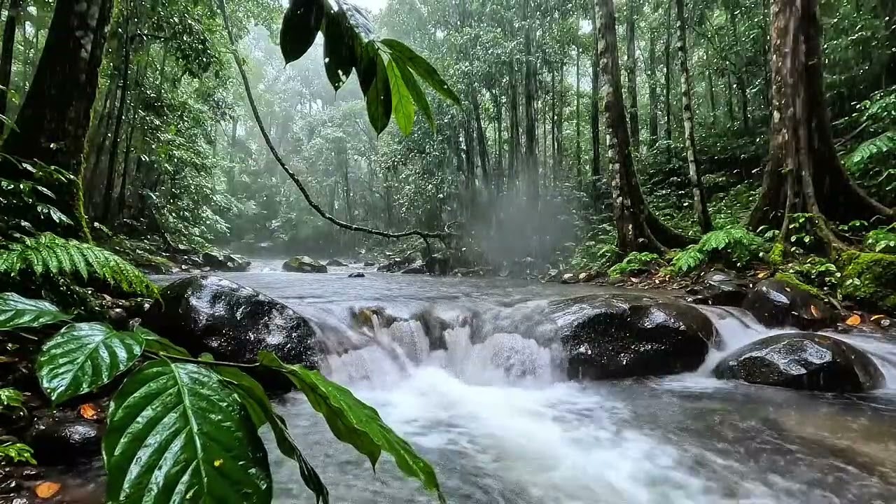 Cozy Rainforest River in Heavy Rain 🌿🌧️ Calming Water Sounds for Sleep, Relax & Study