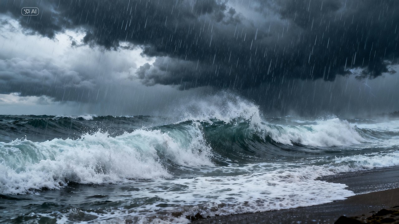 10 Hours Heavy Rain at the Beach | Ocean Waves for Deep Sleep