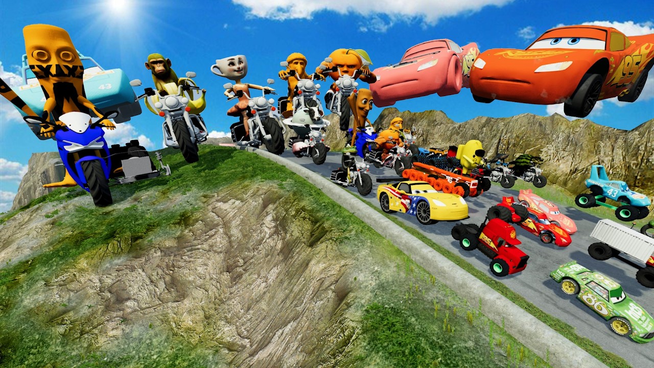 Big & Small Pixar Car, Lightning Mcqueen vs King Dinoco, Tow Mater vs DOWN OF DEATH - BeamNG.Drive